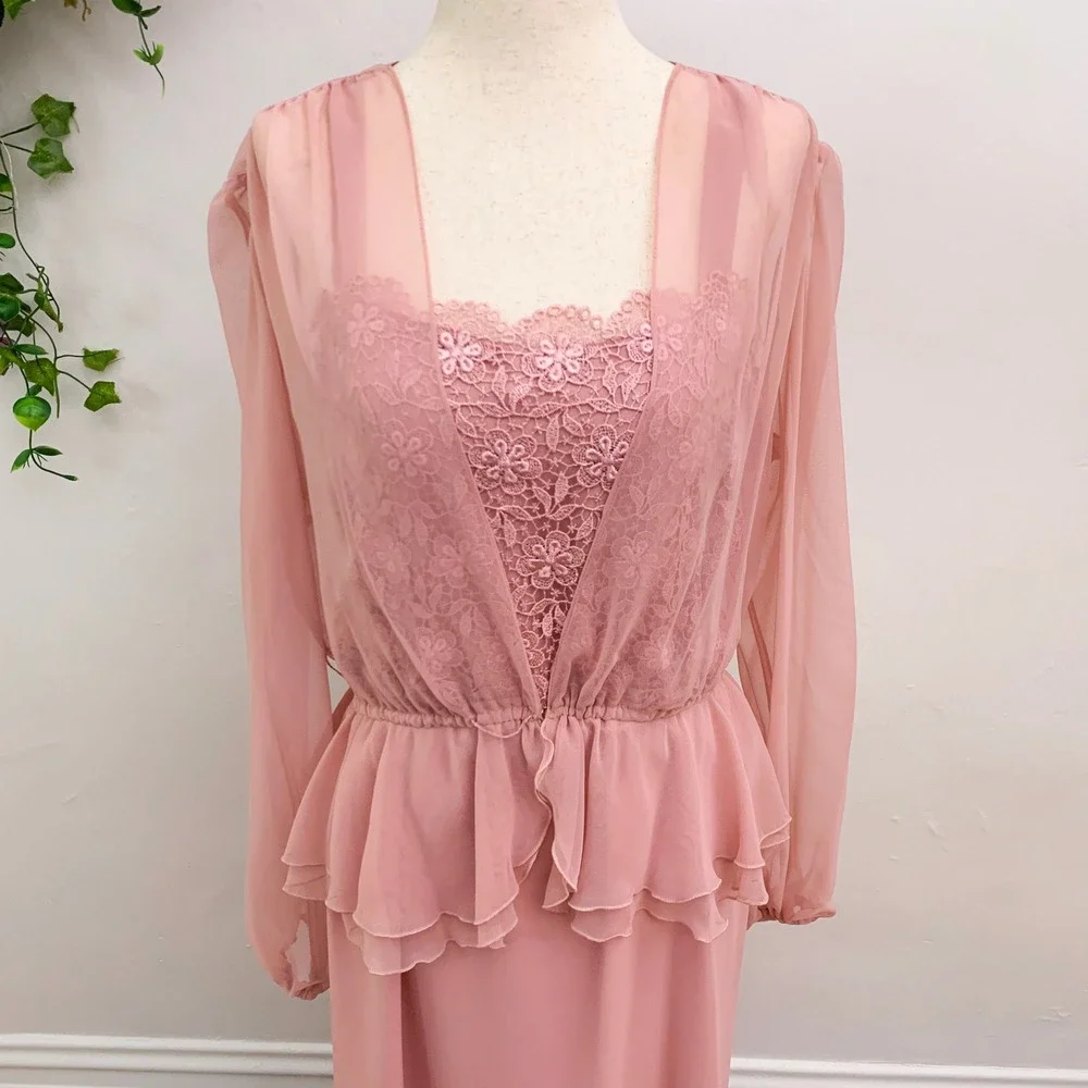 Vintage 70's Pink Maxi Dress Sheer Jacket 2‎ piece set